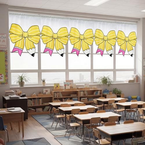6-Piece Pencil Pattern Classroom Curtains with Bows - 24 x 28 Inch Velvet