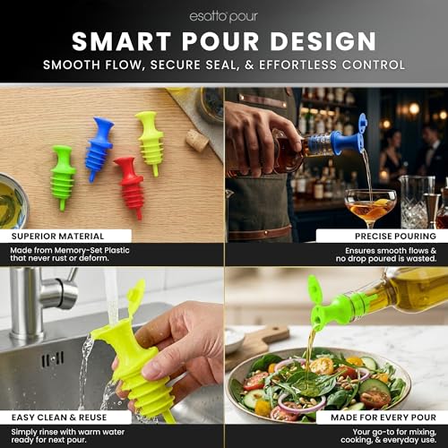 Esatto Assorted Pour and Seal Bottle Pourers with Lids - 12 Pack, Universal & Drip-Free