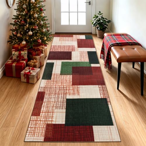 Ailyei Red-Green 2' x 6' Washable Christmas Runner Rug - Hallway & Kitchen