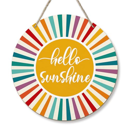 Boho Sunshine Round Wood Wall Sign, 12-Inch Mid-Century Sunray Door Plaque