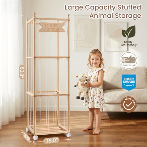 Wooden Stuffed Animal Storage with Wheels - Large Plush Toy Organizer