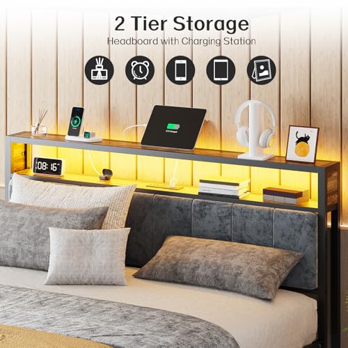 King Size Metal Platform Bed Frame with LED Headboard & Charging Station