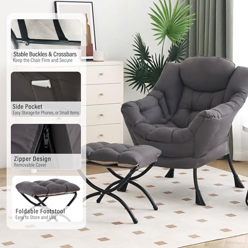 Modern Lazy Accent Chair with Ottoman and Folding Footrest, Dark Grey