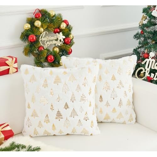 HOMFREEST Gold Christmas Trees Pillow Covers 18x18 Set of 2 White Xmax Soft Faux Fur Throw Pillowcases Winter Holiday Decorative Cushion Cases for Sofa Couch Home Decor