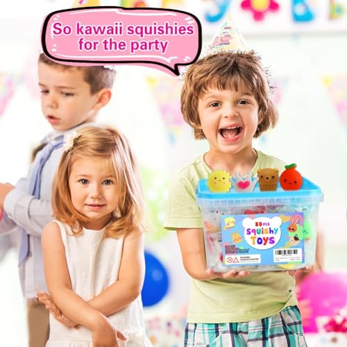 80 Pcs Mochi Squishy Toys Bulk Party Favors with Storage Bucket