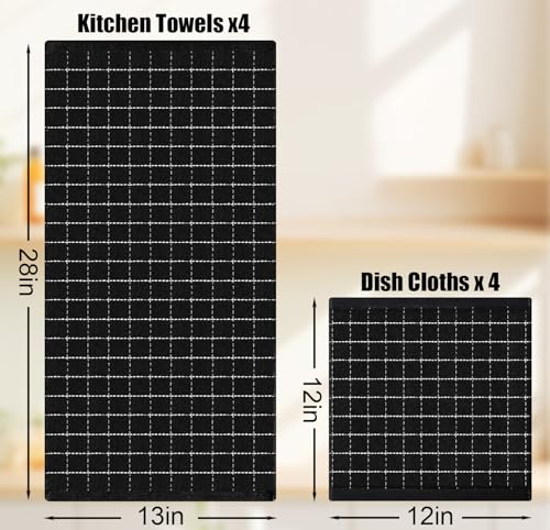 8-Piece Cotton Kitchen Towel and Dishcloth Set, Absorbent Checkered Black