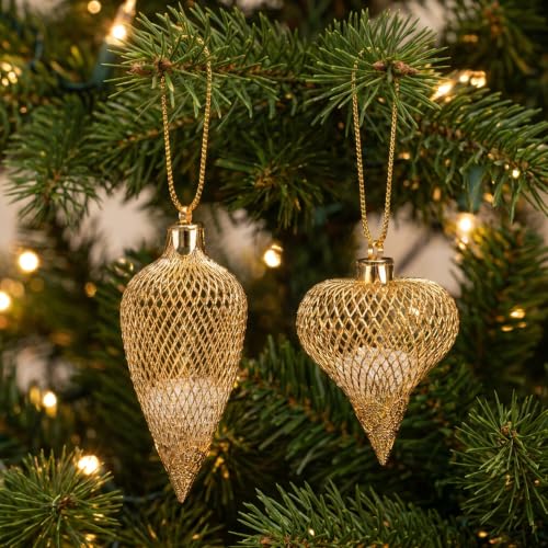 12 Pcs Golden Mesh Ball Christmas Ornaments – A Style, Hollow Hanging Decor 4x1.6in & 3x2in