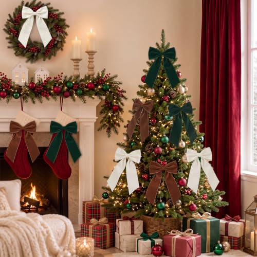 Riceshoot Earth Tone Velvet Christmas Bow Set - Large Holiday Tree Decor, 6 Pack