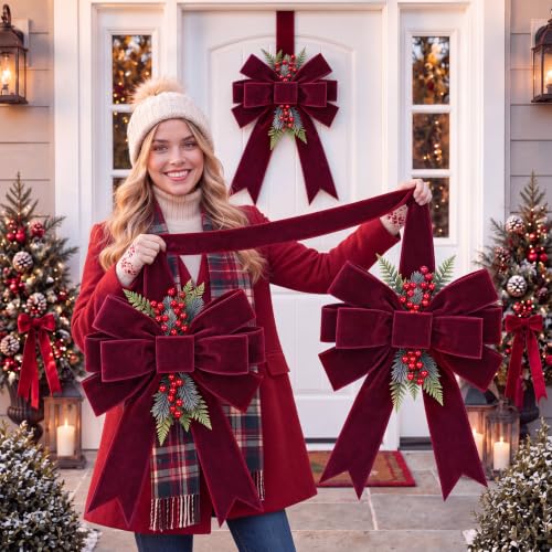 Large Red Velvet Christmas Door Bow with Berry - Burgundy / Classic Variation