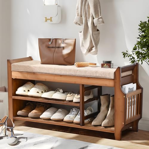 Bamboo Shoe Storage Bench with Hidden Drawer, Cushion, and Side Holder