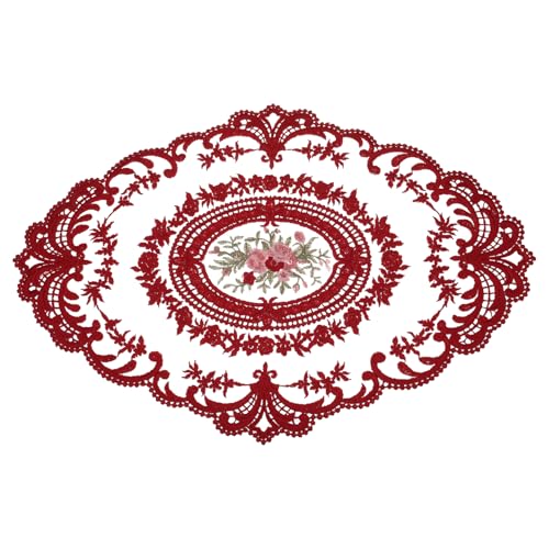 Dark Red Retro Lace Placemat 12x16 Inch Oval Embroidered Table Mat for Home & Wedding
