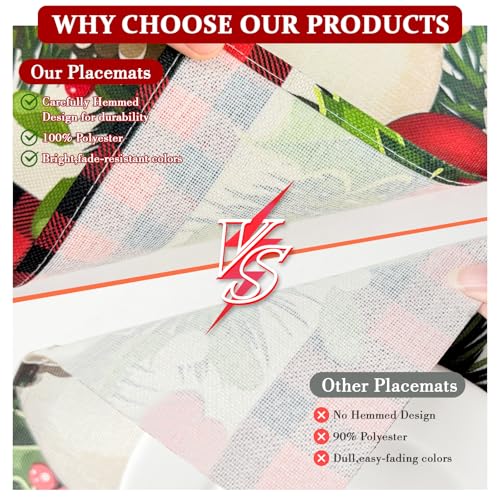 Bloss Red Christmas Placemats Set of 8 - 12x18 Inch Buffalo Check Holiday Table Decor
