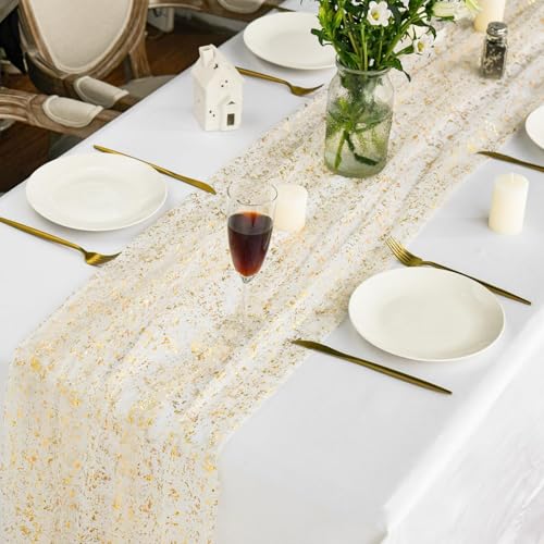 Beige Gold Metallic Foil Table Runner - 28x120 Sheer Gauze Party Decor