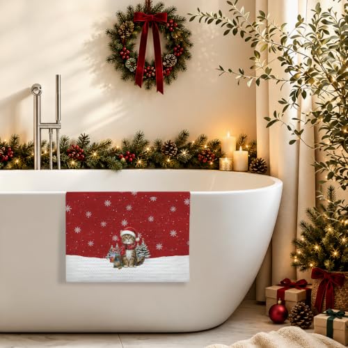 Christmas M Variant Red Cat Kitchen Dish Towels 16x24 Inches - Holiday Decor
