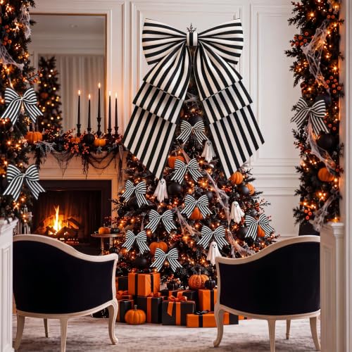 Black and White Christmas Tree Topper Bow Set - 13pcs Holiday Decor