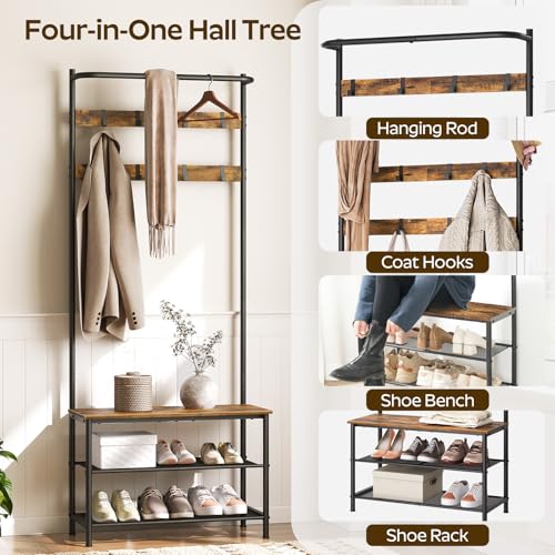 4-in-1 Hall Tree with Shoe Bench, Entryway Coat Rack and Storage Shelves