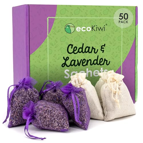 Natural Cedar and Lavender Sachets for Closets and Drawers, 50 Pack