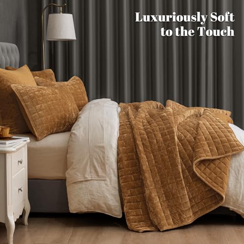 PHF Twin Size Rusty Burnt Orange Velvet Quilt Set - Luxury Square-Box Design