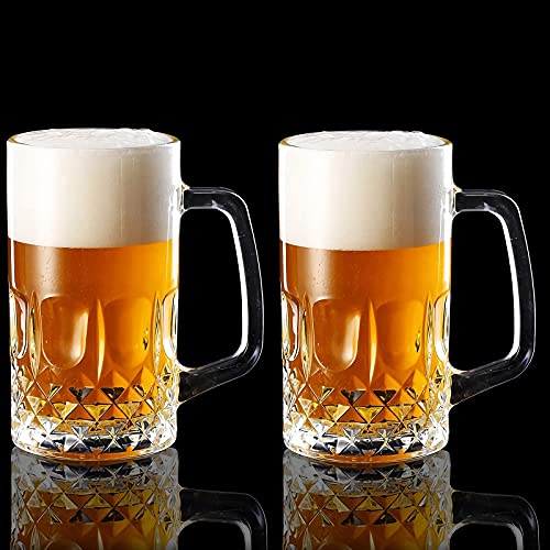 20 oz German Beer Stein Mugs, Clear Tall Beer Glasses with Handle, Set of 2