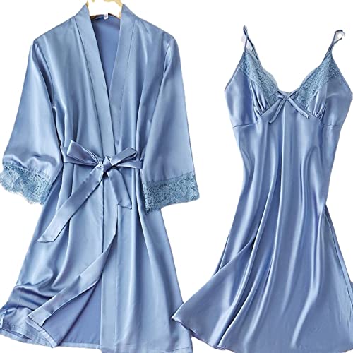 Women's Satin Kimono Robe & Pajama Set - Soft Silk Loungewear Bathrobe