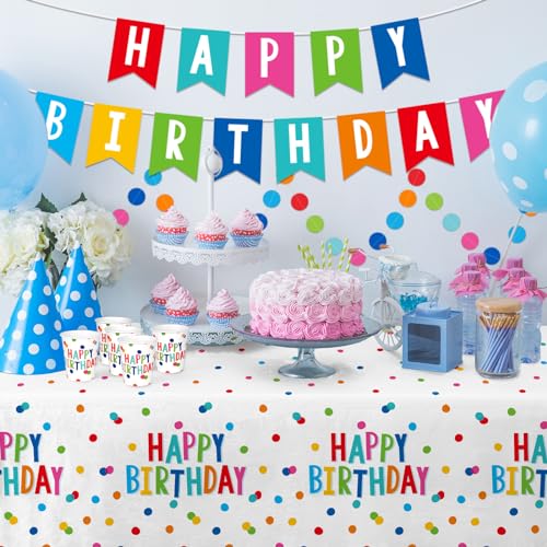 Gatherfun Multicolor Dots Birthday Party Supplies Set - Serves 25, Includes Plates, Napkins, Cups, Banner & Tablecloth