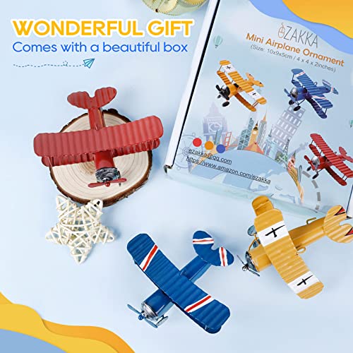 Vintage Metal Airplane Model Ornaments 3-Pack, Mini Hanging Biplanes