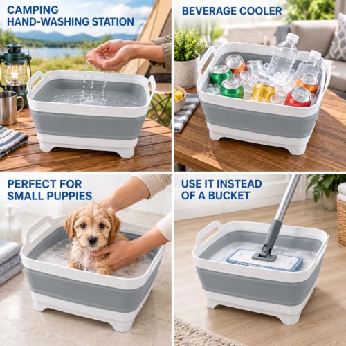 Vamako Collapsible Baby Bottle Wash Basin with Drain Plug - Cool Gray, 2.4 Gal (9L)