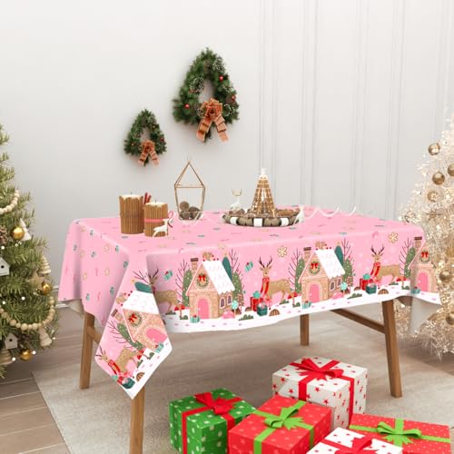 3 Pack Pink Christmas Plastic Tablecloths with Gingerbread Reindeer 54x108 Inch