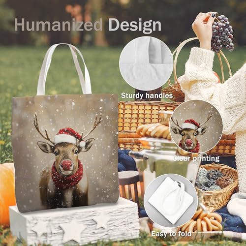 Reindeer Christmas Canvas Tote Bag for Women Holiday Gift Shopping & Travel