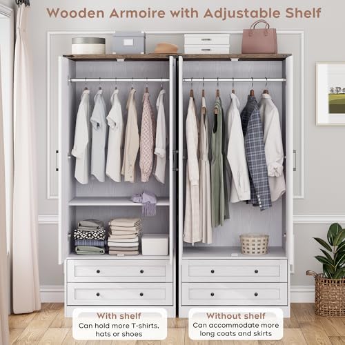 2-Door Wooden Armoire Wardrobe with 2 Drawers and Hanging Rail - White