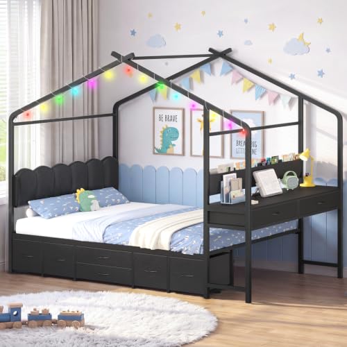 Full Size House Bed with Desk and 8 Storage Drawers, Metal Frame