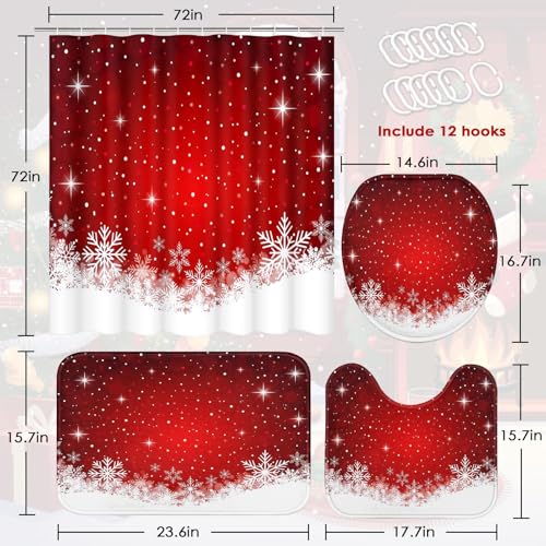 Christmas Bathroom Set with Shower Curtain and Rugs - ArtSocket White Red