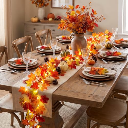 2-Pack Lighted Fall Maple Leaf Garland - 20ft 60 LED Battery String Lights