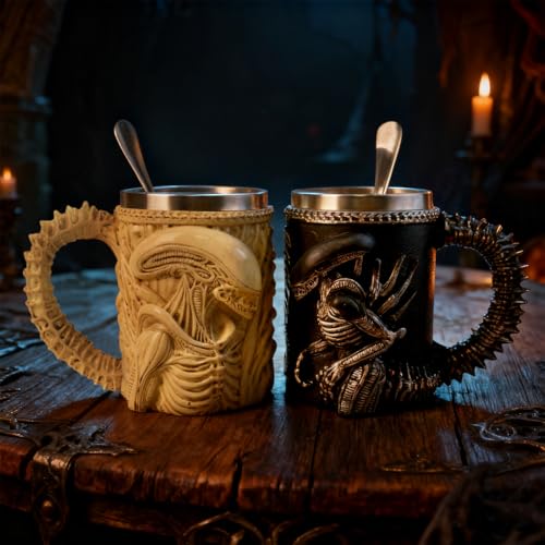 Black Alien Xenomorph Mug with Spoon, 14 oz Sci-Fi Coffee Cup Gift for Fans
