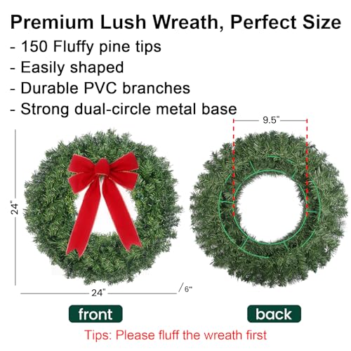 24-Inch Pre-Lit Christmas Wreath with Remote, 50 LED Lights & Red Bow