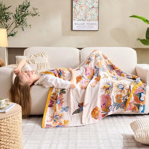 Boho Floral Cotton Throw Blanket, 50x60 Reversible Farmhouse Quilt