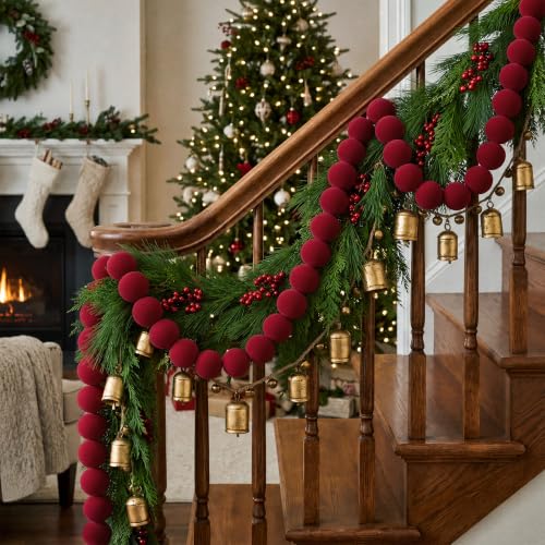 Giegxin 6 ft Burgundy Flocked Velvet Christmas Garland with Red Ornaments