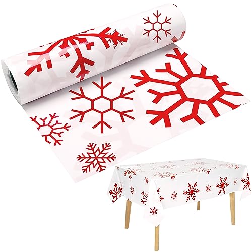 Red White Snowflake Plastic Tablecloth Roll - 52 x 100 Inches for Events