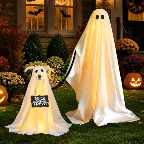 Lighted Ghost Walking Dog Halloween Yard Decor Set with Remote Control