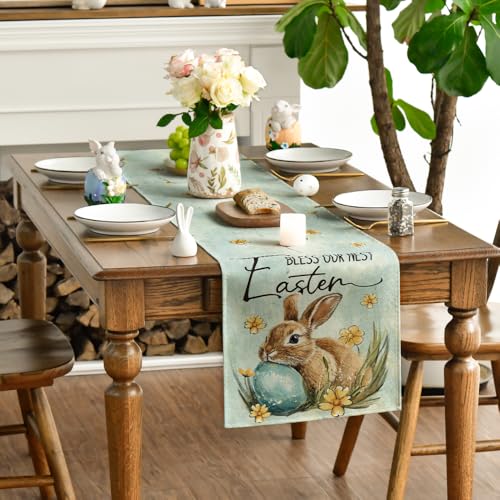Artoid Mode Bunny Rabbit Egg Flowers Easter Table Runner 13x90 Blue Seasonal Decor