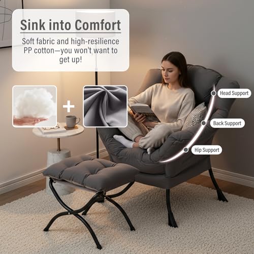 Modern Lazy Accent Chair with Ottoman and Folding Footrest, Dark Grey
