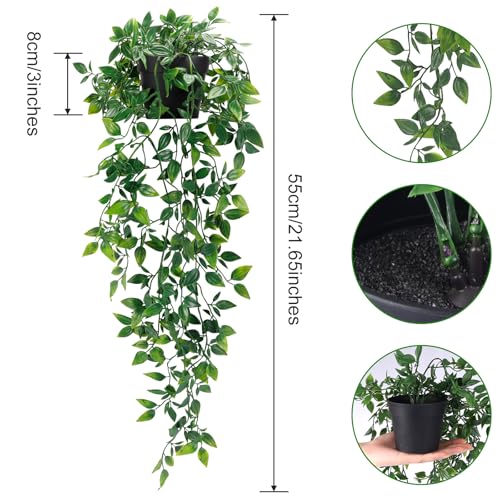 Artificial Hanging Plant in Black Pot - Small Fake Potted Vine for Shelf Decor