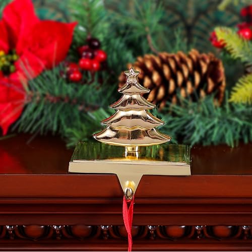 Amooca Christmas Stocking Hangers with Tree Decor, Non-Slip Metal Hooks, Gold, 1 Pack