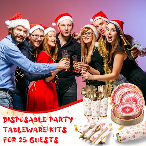 Umigy Snowflake Christmas Dinnerware Set for 25 Guests - Disposable Holiday Plates Cups & Cutlery