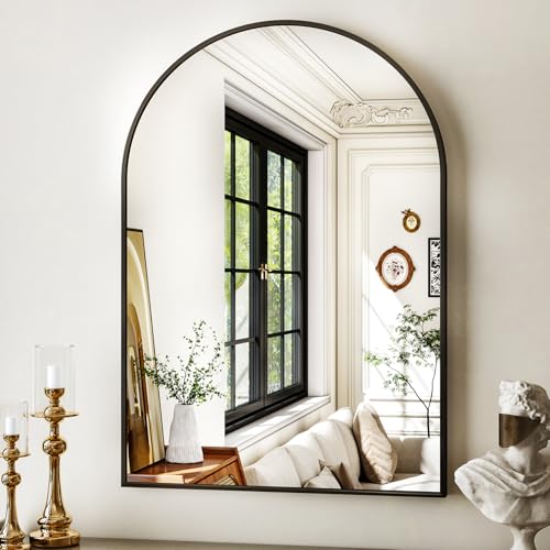 24x36 Arched Wall Mirror - Black Metal Frame Vanity Mirror for Bathroom