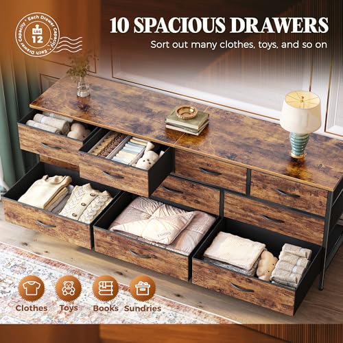 63-Inch Wide Dresser with 10 Fabric Drawers, Rustic Brown TV Stand