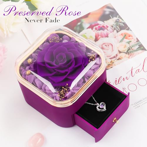 Preserved Real Purple Rose with Heart Necklace Jewelry Box Gift Set