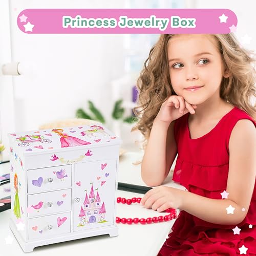 Musical Jewelry Box for Girls with Spinning Princess and 3 Drawers