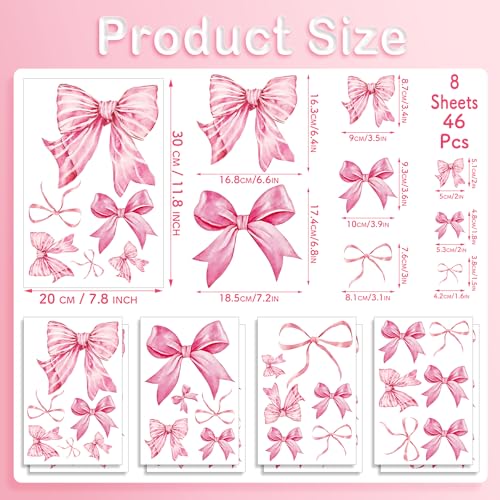 Pink Bow Wall Decals - 46 Pcs Watercolor Bow Knot Peel-and-Stick Stickers