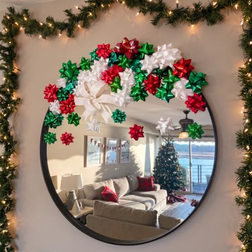 Christmas Mirror Bows Set 48 Pcs - Red, Green & White Self-Adhesive 2 Sizes